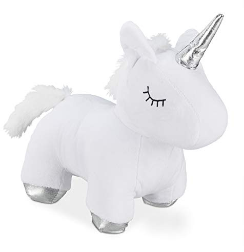 Relaxdays Unicorno Fermaporta, in Stoffa con Imbottitura in Sabbia, Pesante & Morbido, Blocca Porte & Finestre, Bianco, 1 pz