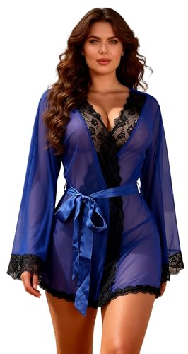 comeondear Kimono Femme Sexy Nuisette Sensuelle Transparent Grande Taille Chemise de Nuit Dentelle avec Ceinture Plage Bikini Cover Up Pyjamas Peignoirs Robe de Chambre avec G-String(Bleu,3XL-4XL)