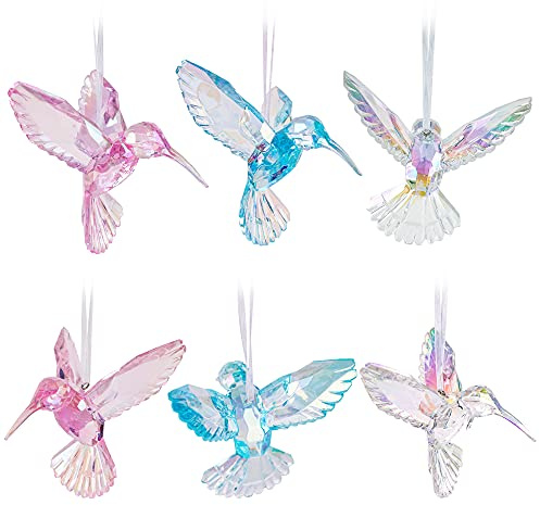 6 Pieces Hummingbird Ornaments Acrylic Hummingbird Figurines Large Crystal Pendants Shiny Iridescent Purple, Blue and Clear Bird Decoration