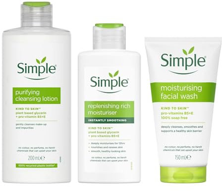 Simple Kind to Skin bundle, Set Includes Purifying Lotion 200ml, Moisturing Face Wash 150 ml and Moisturising Cream 125ml