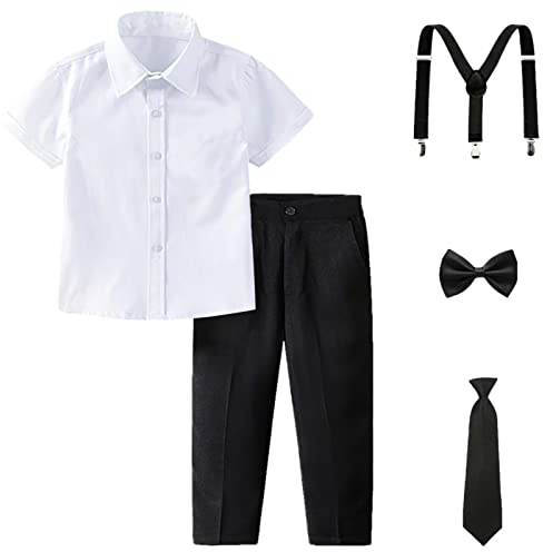 amropi Traje de Bautizo Niños Conjuntos de Camisa de Manga Corta y Pajarita y Pantalones y Tirantes Blanco Negro, 12-13 años