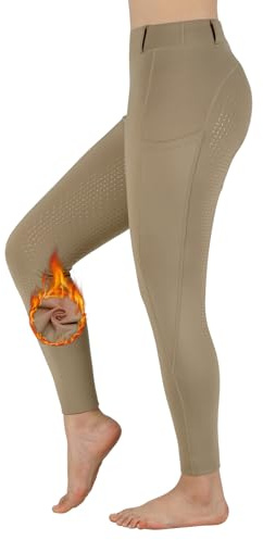 Turnhier Women Winter Riding Equestrian Pants Fleece Lined Equestrian Breeches Horseback Silicone Pockets (Khaki-M)
