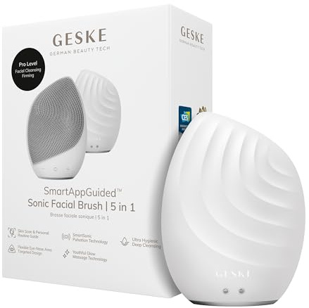 GESKE | Brosse faciale SmartAppGuided™ 5 in 1 | Brosse nettoyante visage électrique | Brosse silicone souple | Nettoyage professionnel visage | Appareil de nettoyage visage | Masseur facial