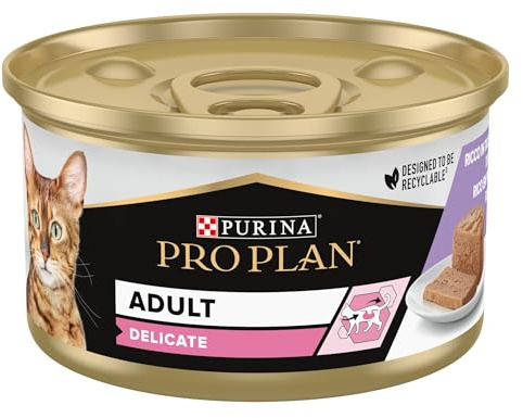 Purina Pro Plan Comida Húmeda para Gato Adulto Delicate Mousse Rico en Pavo, 24 latas de 85 g