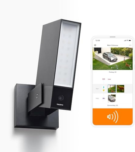 Netatmo Smart Outdoor Security Camera with 105-dB Siren, WIFI, Integrated Floodlight, Movement Detection, Night Vision, Without Fees, Black, NOC-S-AMZ