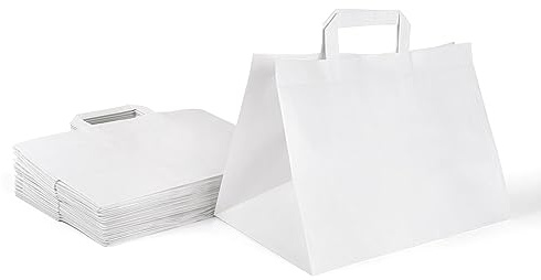 Inoverse 250 Stück Papiertragetaschen, Geschenktüten, 32+22x25 cm Papiertüten mit Henkel, Weiß Kraftpapier Tüten, Papier Tragetasche, Papiertaschen, Papiertüten Klein