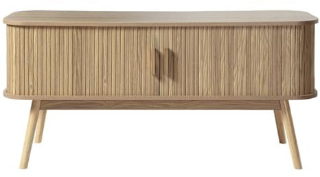 Calicosy - Meuble TV 2 Portes Coulissantes - Décor Bois Chêne - Panneaux De Particules - Pieds Et Poignées en Bois Véritable - Salon Ou Chambre - Style Moderne Et Naturel - L 120 x P 39 x H 55 cm