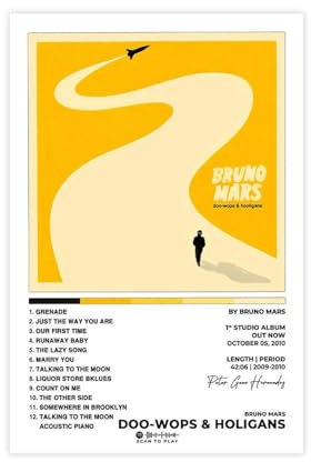 AmAzwi Poster su tela con stampa di Bruno e Mars Doo-Wops & Hooligans 2010, con copertina di album e autografi, decorazione artistica da parete, per soggiorno e camera da letto, senza cornice: 50 x 75