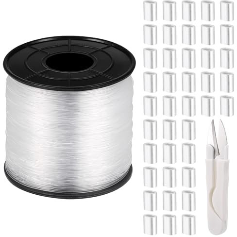 Zocipro Filo Invisibile da Appendere 0.6mm x 200m, Filo Nylon Trasparente con 120 Manicotti ad Anello di Aggraffatura in Alluminio e 1 Forbice, per Pesca, Appendere, Artigianato