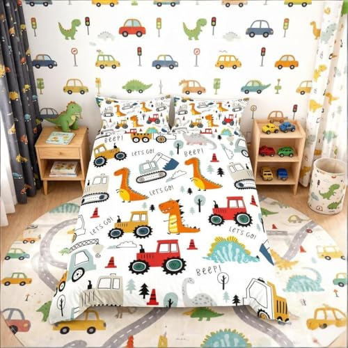 Loussiesd Dinos Bedding Set Double Kids Construction Excavator Bedding Jungle Dinosaur Equipment Truck Duvet Cover Set Dino Construction Tractor Crane for Teenagers Girls Room Decor