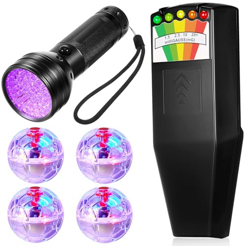 Dunzy Ghost Hunting Equipment Kit Includes 1 Pcs Handheld Magnetic Field Detector 1 Pcs UV Flashlight Black Light and 4 Pcs Light up Cat Balls for Ghost Hunting and Inspections