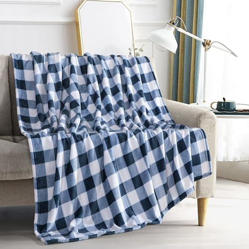 Elegant Comfort Velvet Touch Ultra Plush Christmas Holiday Buffalo Plaid Fleece Throw/Blanket-50 x 60inch, Buffalo Navy