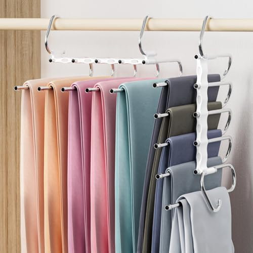 DAMITA Grucce Pantaloni Salvaspazio Appendiabiti Porta Pantaloni 2 Pezzo 5 in 1 Bianco per Armadio Appendini Portatili Multifunzionali Adatto per Donne e Uomini Jeans Sciarpe Vestiti Portapantaloni