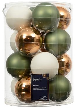 16-teiliges Weihnachtskugel-Set in Braun-Grün-Weiß, 8 cm, matt und glänzend, elegantes Deko-Element