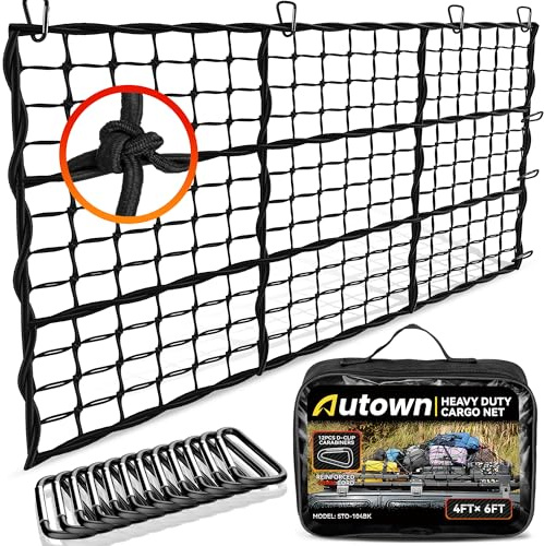 AUTOWN Cargo Net for Pickup Truck Bed - Stretchable 4' x 6' to 8' x 12' with 4 x 4 Mesh, Heavy Duty 10mm Cord Bungee Bed Netting with 12 Metal Carabiners - Ideal for ATV, SUV, UTV and Truck