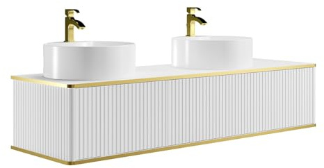 Vente-unique - Armario colgante para cuarto de baño, color dorado, 2 cajones con doble lavabo, redondo, 150 cm, color blanco