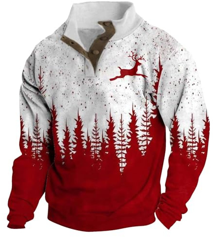 Generisch Sweatshirts pour Hommes Noël Pull de Noël Hommes Coton Col Montant Pull Imprimé Noël Pull Imprimé Pull de Noël Décontracté Coton Chemise à Manches Longues, rouge, XXXL