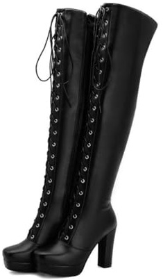 WOkismD Stivali da Donna con Tacco Alto 11CM, al Ginocchio, con Lacci e Cerniera, sopra Il Ginocchio,Nero,43 EU