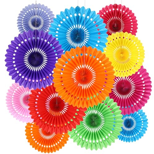 BestoFun Lot de 12 éventails en papier multicolores Décoration carnaval et fête Guirlande suspendue vert jaune bleu avec fleurs en papier orange rose Décoration arc-en-ciel pour anniversaire, carnaval
