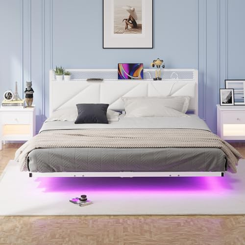 HAHRIR 140 x 200 cm, somier con luces LED y estación de carga USB, somier metálico con cabecero tapizado, listones de metales pesados silenciosos/blanco