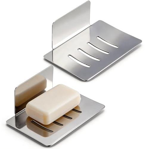 Porte-Savons Adhésif sans Perçage, Qixuer Lot De 2 Porte-Savon Mural Boite a Savon De Cuisine De Salle De Bain Utilisé Et Design De Drainage Convient pour La Salle De Bains Et La Cuisine (Argenté)