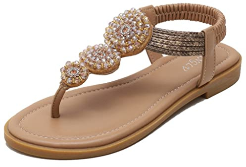 Dammode T-rem sommar Flip Flops-sandal，Söta damer med öppna tår Platta sommarsandaler，Bohemiska platta skor Tofflor (Färg: Beige, Storlek: EU38)