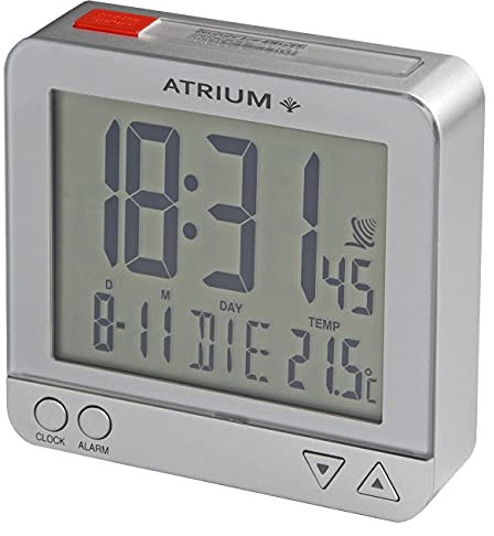 Atrium A740-19 Réveil radio-piloté de voyage petit numérique à quartz LCD avec veilleuse contrôlée par capteur Éclairage argenté