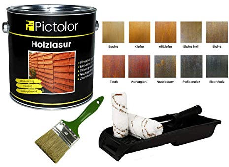 Pictolor Holzlasur 2,5 Liter Teak + Lasurpinsel 70mm + Walzenset
