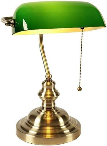Banker's Desk Lamp with Emerald Green Cased Glass Shade and Solid Base Bankers Pull Chain Switch Plug in Fixture,Satin Brass Finish