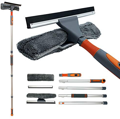 Window Cleaning Kit, Professional Window Cleaning Equipment, 158cm Extendable Window Cleaning Pole and Squeegee Cleaner with Bendable Head and Aluminium Pole for High Windows (Complete Kit)