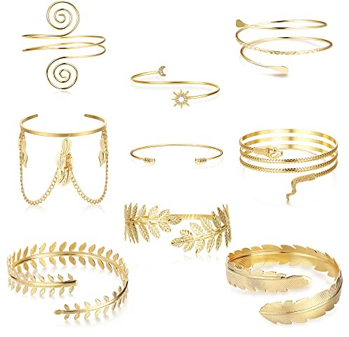 Fansilver 9PCS Arm Cuff Bracelet Set for Women - Minimalist Adjustable Upper Band Gold Open Simple Armlet Armband