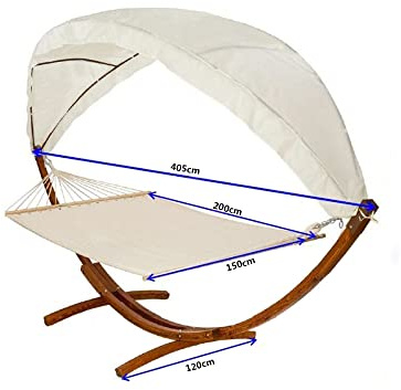 2 Person Cotton Hammock with Wooden Arc Stand & Canopy | Floor Standing Swing Bed for Garden, Patio, Yard | Russian Larch Wood, Detachable Hammock Chair Seat, Weather Resistant