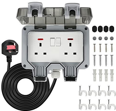 Anesty Outdoor Socket, Outdoor Double Plug Sockets Waterproof IP66 with 3m Extension Lead, Weatherproof Outdoor Plug Sockets, Exterior Wall Garden 2 Gang Storm Switched Socket Outside Power Socket