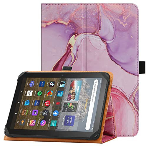 HGWALP Universal Case for 7-8 Inch Touchscreen Tablet, Stand Folio Protective Cover With Adjustable Fixing Silicon Band - Marble Pink