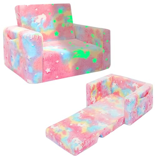SLIGUY Kids Couch, Toddler Chair, Fold Out Kids Sofa Chair, Convertible Sofa to Lounger Pull Out Couch, Glow in Dark Sofa Chair Birthday Gifts for Boys and Girls (Pink)