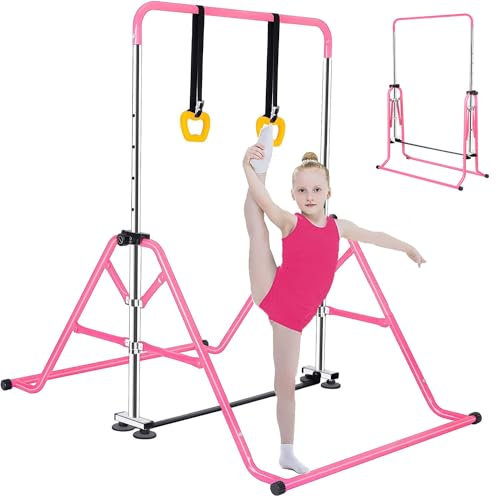 FCOUMY Barre Horizontale de Gymnastique - Équipement de Gymnastique pour la Maison - Barre Horizontale télescopique réglable en Hauteur avec Anneaux de Gymnastique pour Enfants de 3 à 12 Ans