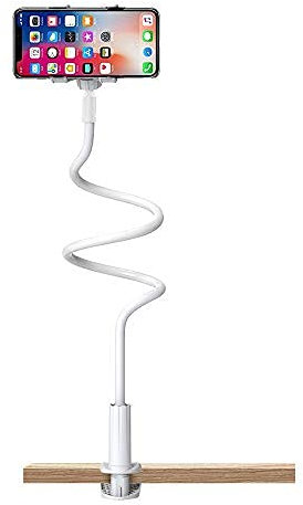 WKBYTUXR Cell Phone Stands, Grip Flexible Long Arm Gooseneck Phone Holder with Clamp, Clip Bracket Clamp Stand for 4.0-6.5'' Mobile Cell Phone, for Bedroom Desktop Office Bathroom Kitchen(White)