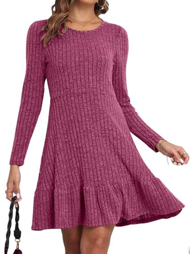 CheChury Stickad klänning för dam höst rund hals tröja långärmad bodycon-klänning vinterklänning elegant stickad tröja casual stretch klänning, Rosenröd, XL
