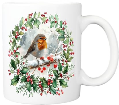 Pickhut Mug de Noël rouge-gorge – Tasse à café et à thé festive avec motif couronne de houx d'hiver – Tasse en céramique – Cadeau pour homme, femme, Père Noël secret, cadeau de Noël, décoration