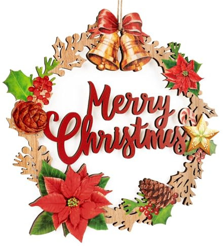 BOFUNX Weihnachten Türkranz aus Holz 30cm Merry Christmas Weihnachtskranz zum Aufhängen mit Rote Blumen Glocken Tannenzapfen für Haustür Fenster Wand Kamin