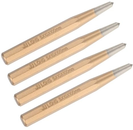 M METERXITY 4-Pack Center Punch 5mm Shank Point, 10x100mm Alloy Steel Center Punch Tool, Impact Resistant Metal Punch Center for Mark/Drilling/Punching/Scribing/Locator/Starting Nail [Golden]