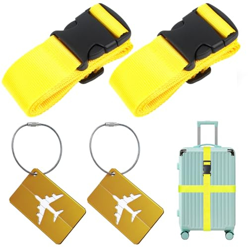 Correas para Maleta (2 Piezas), con 2 Etiqueta de Maleta, Correas de Equipaje Ajustables, para reconocer fácil el Equipaje, Bolsa de Viaje, 5 x 200cm, Amarillo