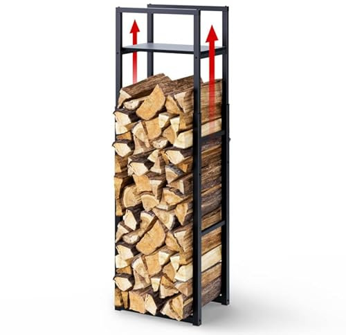 VOUNOT® Soporte de Madera Vertical de Metal Ajustable de 3 Niveles, 45 x 32 x 120-170 cm, Leñero con Estantería Integrada, Estante de Registro de Chimenea para Interior y Exterior, Negro