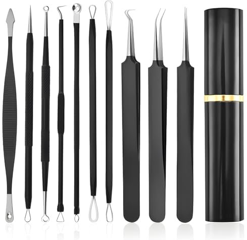 Mitesserentferner Komedonenquetscher Set - 10 Stücke Akne Mitesser Tools Blackhead Remover Pinzetten-Set von Mitessern und Pickeln im Gesicht, Pickel Ausdrücken Werkzeug mit Metallgehäuse