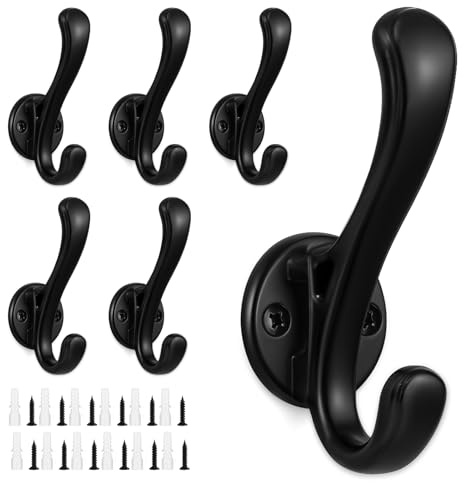Dntorx 6 ganchos negros para colgar ropa, ganchos de pared resistentes para atornillar, para salón, dormitorio, baño, ropa, toallas, bufandas, llaves