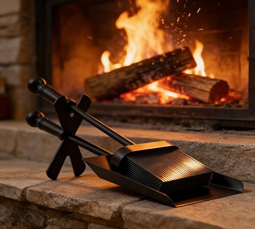 Kingson Fireplace Shovel and Brush Set with Stand – Black Steel Fire Tidy Companion Tool Set – Modern Hearth Cleaning Set – Compact 38cm Length – Decorative and Functional