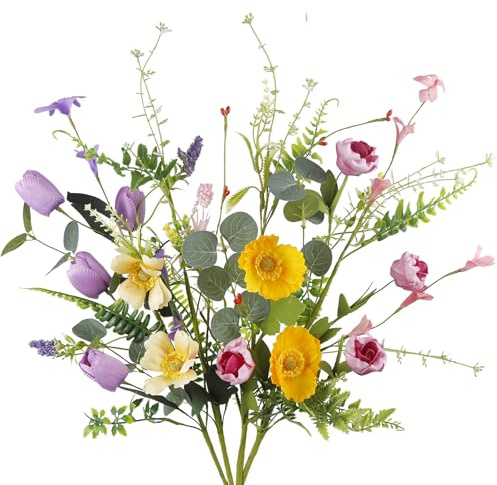 CEWUDA 4 Pezzi Fiori Finti per Decorazioni Margherite Rose Fiori di Campo Estivi Fiori Artificiali per Decorazione Composizioni Floreali Primaverili Centrotavola Festa Matrimonio Casa Cimitero Esterno