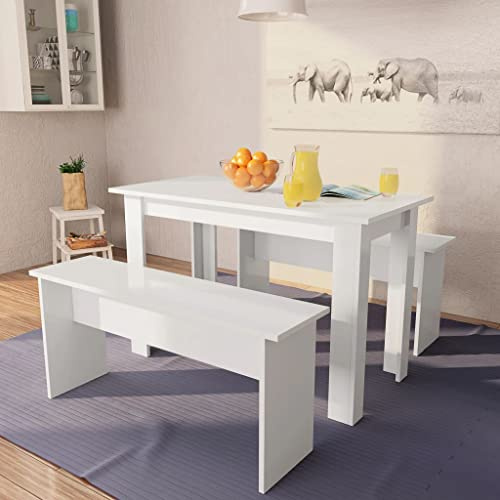 Gruppo da pranzo, 3 pezzi, per sala da pranzo, tavolo da cucina, in legno bianco, moderno, compatto, con 1 tavolo, 2 panche scandinave, salvaspazio, per sala da pranzo