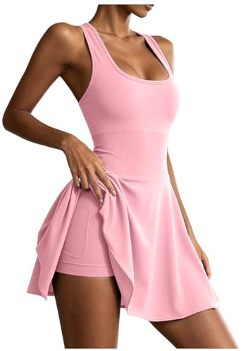 Women's Golf Tennis Dress with Built-in Shorts and Bra, Sleeveless Athletic Workout Dress with Pockets, Sport Mini Skirt for Exercise, Tennis and Casual Outings