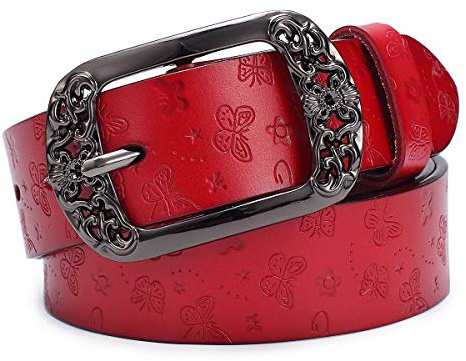 McFanBe Cinturón de Cuero para Mujer para Damas, Niñas, Pantalones, Jeans, Cintura de Menos de 118 cm (XL(cintura ajustada 97-106cm), A:rojo)